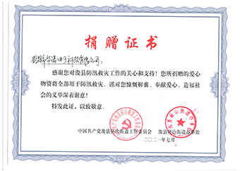 ?？h伾山街道辦事處《防汛救災(zāi)捐贈證書》